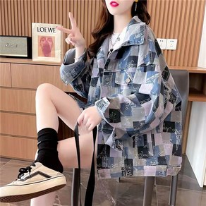 봄 가을 여자 청자켓 오버사이즈 루즈핏 프린트 데님 재킷 간절기 아우터 빈티지 여성 데님 자켓 잠바 YJW