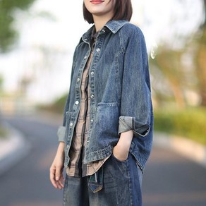 COBOTOR 여자 청자켓 봄 가을 오버핏 데님 자켓 무지 상의 women denim jacket JX0973, 청