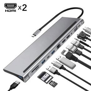 12 in-1 USB C 허브 듀얼 HDMI 4K 유형 C 도킹 스테이션 RJ45 PD 100W 어댑터 VGA 100Mbps 기가비트 이더넷 USB 3.0 허브, 12 in 1, 1개