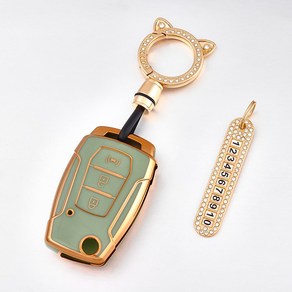 OFFCURVE TPU 쌍용자동차 키케이스+큐빅 링+번호판 3버튼 티볼리 G4렉스턴 풀커버 스마트키 적용 키케이스 다양한 컬러, 02, 그린 골드