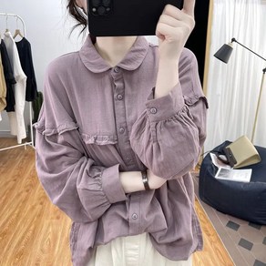 여자 칼라 벌룬소매 순면 긴팔 셔츠 봄가을 프릴 날씬한 블라우스