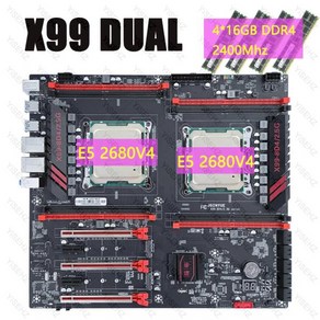 JGINYUE X99 듀얼 CPU 마더보드 세트 LGA 2011-3 2 * E5 2680V4 4*16GB = 64GB DDR4 2400Mhz 지지대 듀얼 2.5G 네트워크 카드, 1개, 1) 마더 보드