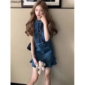 데님원피스 스커트 데일리 청원피스 데님 원피스 여성용 스위트 보우 미니 스탠드 칼라 퍼프 반팔 프릴 드레스 프렌치 스타일 빈티지 베스티도