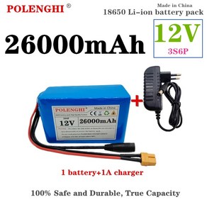 100% 실제 용량 XT60 3S6P 12V 26000mAh 18650 리튬 이온 충전식 배터리 팩 스쿠터용 BMS 12.6V 2A 충전기