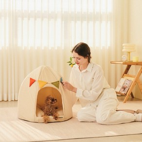 개과천선 스쿼시 강아지 하우스 애견 집 동굴집 고양이 숨숨집 가랜드 포인트 논슬립 쿠션 하우스, 크림 아이보리, 1개