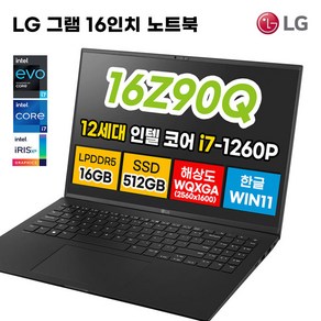 LG 그램 15.6인치 11세대 코어 i5 512GB RAM 16GB WIN11 포함 15Z95N 노트북 사은품 한글 키스킨 증정, 16Z90Q, WIN11 Home, 12세대 인텔 i7, 블랙(16Z90Q)