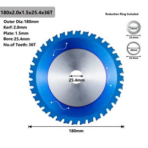 톱날 원형 금속 코팅 XCAN 알루미늄 카바이드 절단 블루 355mm 나노 철강 180, 180x2.0x1.5x25.4x36T, 1개