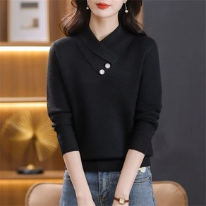 besteffie 기품있는 스타일 여성용 가을겨울 브이넥 진주버튼 입체장식 디자인 긴소매 니트 스웨터 K69