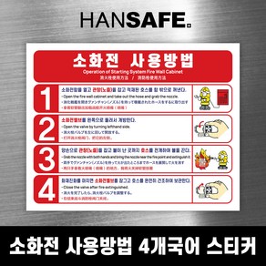 옥내 소화전 사용방법 4개국어 초강접 스티커 210x165 / 소화전 사용법