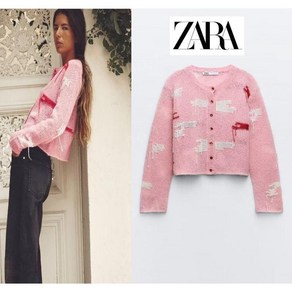 ZARA 가을 러브리 자카드 핑크 니트 가디건