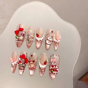 크리스마스 귀여운 고양이 눈사람 핸드메이드 네일 새해 눈사람 무스 페이크 네일 보우 폴카 닷 스커트 달콤한 프렌치 팁 네일 아트, XS, 1개