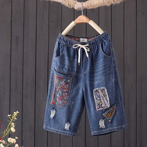 여성 여름 데님 반바지 문예 빈티지 자수 와이드 팬츠 일자 팬츠 하이웨스트 5부 청바지