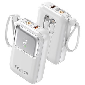 TENCII 휴대용 고속충전 QC 3.0 PD 22.5W 3개 충전선 내장 도킹형 미니 보조배터리 10000mAh, 화이트