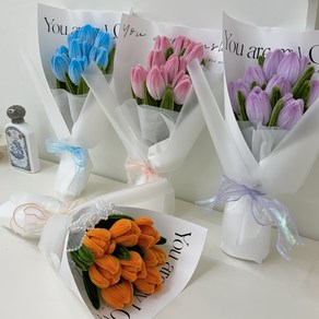[한국어 동영상 제공] 8송이 튤립 모루 꽃다발 DIY 만들기 세트 패키지, 파스텔블루, 1개