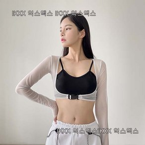 방송댄스 전체 시스루망사 바스트 밑 버클 볼레로 크롭 티셔츠