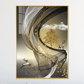 아트블루 돈 들어오는 우아한 사슴 보름달 황금 돌 그림 풍수 인테리어 액자, [7] 브라운사슴_황금새