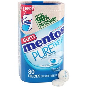 BF Mentos Pue Fesh 무설탕 츄잉껌 자일리톨 스피어민트 재활용 가능한 90% 판지 병 80개 4병 팩, 1개