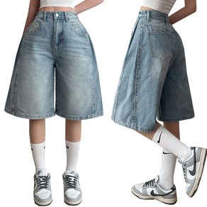 제이닝 [숏&롱/사이드핀턱/S~2XL/당일] 140/150/160 기장선택 하이웨스트 옆 사이드 핀턱 워싱 벌룬 와이드 데님 팬츠 반타자 버뮤다 청 반바지출고