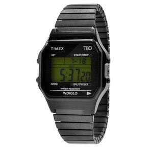 Timex T80 손목시계 34mm 블랙 스테인리스 스틸 확장 밴드, 블랙 확장판, 블랙 확장판