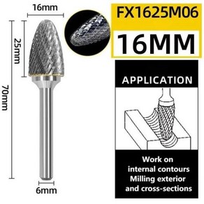 FX 타입 헤드 카바이드 로터리 파일 도구 6mm 드릴 밀링 조각 비트 도구 포인트 버 다이 그라인더 금, 06 FX1625M06, 1개