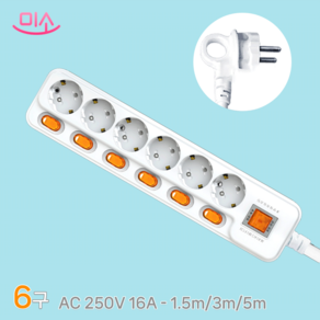 국산 현대 개별+과부하차단 콘센트 멀티탭 6구, 1개, 3m