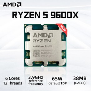 AMD Ryzen 5 9600X 프로세서 5.4GHz 6 코어 12 스레드 38MB 게임 캐시 4NM TDP 65W 소켓 AM5 게임용 CPU Zen, 한개옵션1