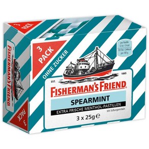 Fishemans Fiend 피셔맨스 프렌드 슈가프리 스피아민트 멘톨 파스티유 캔디 사탕 3개입 75g 3팩, 3개