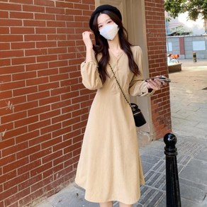 [Bahn 2컬러] 브이넥 퍼프 셔링 코듀로이 롱원피스