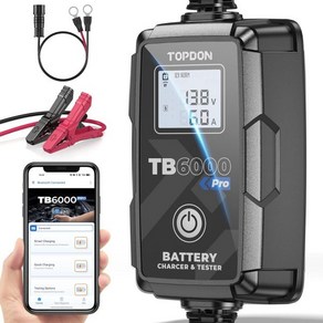 2-in-1 스마트 자동차 배터리 충전기 및 테스터 TOPDON TB6000Po 6Amp 6V12V 트리클 유지보수 12V 부하 앱 제어 탈황기 납산 AGM LiFePO4, 12V, 1개