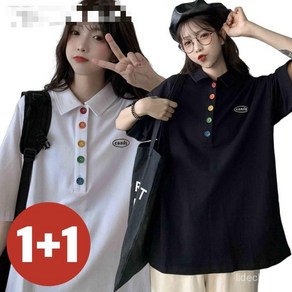 [M-4XL] 1+1 PINKFUL 티셔츠 반팔 여성 여름 카라 무지 자수 단추 루즈핏 얇은 빅사이즈 편한 보송 스판 3XL 반팔티 티 상의 캐주얼 패션 데일리, 블랙+화이트