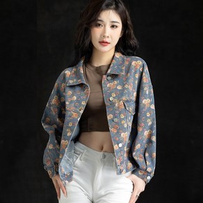 여성 플라워 프린트 데님 점퍼 자켓 코트 슬림핏 쇼트 청자켓 데일리 청점바 아우터 간절기