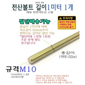 전산볼트 M10 1미터 길이 절단 가능 10mm 황동 볼트 스크류 앵커 100cm 1000mm, 1개