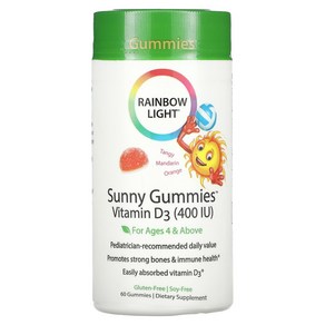 Sunny Gummies Vitamin D3 Ages 4 Above Tangy Mandain Oange 400IU 60, 1개, 60정