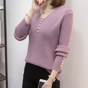 besteffie 여성 브이넥 진주버튼 입체장식 니트 스웨터 가을 겨울신상 긴팔 상의 간편한 스타일 K39