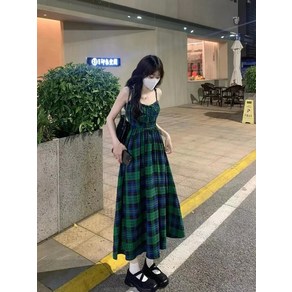 해피유통 여성 빈티지 체크 나시 그린 원피스jh lmy