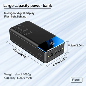 50 000mAh 휴대용 파워뱅크 - LED 디스플레이 USB Type-C 범용 충전기 USB 충전 충전식 리튬 폴리머 배터리 3 입력 및 3 출력, 블랙