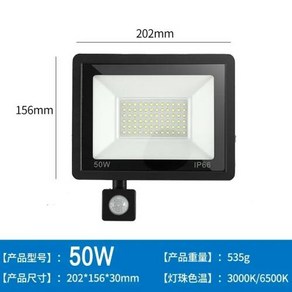 PIR 모션 센서 LED 투광 조명 IP66 방수 외부 벽 램프 스포트라이트 100W 50W 30W 20W 10W 220V, 50W_Wam White