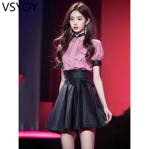 vsyoy 여름 새로운 하이 엔드 패션 프라이드 스트리트 웨스턴 스타일 나이 감소 달콤한 핑크 짧은 소매 탑 스커트 세트