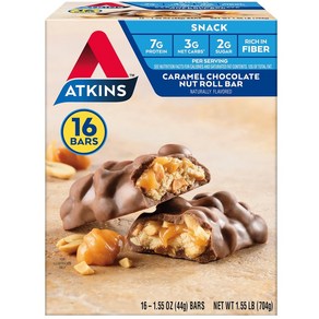 Atkins 카라멜 초콜릿 너트 롤 스낵바 단백질 스낵 16개, 1세트, 44g