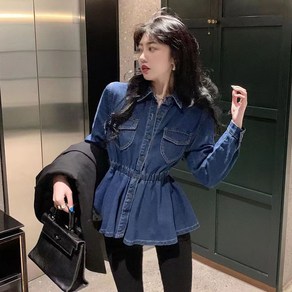 ROYALBELLE 여성 빈티지 청자켓 캐주얼 슬림핏 허리조임 데일리 미디 카라넥 데님 자켓 K070210