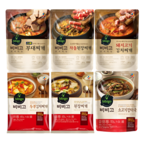 hj마켓 CJ 비비고 즉석 찌개6종(스팸부대찌개+차돌된장찌개+돼지고기 김치찌개+두부김치찌개+돼지김치 콩비지찌개+된장찌개) 1세트, 460g