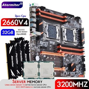 가성비 Atemite 듀얼 X99 마더보드 LGA 2011-3 XEON E5 2683 V4 x 2 개 32GB = DDR4 3200MHz 서버 메모리, 01 마더 보드 + CPU + RAM