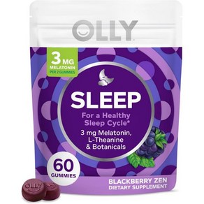 OLLY Sleep Gummy 3mg L테아닌 카모마일 레몬밤 추출물 블랙베리 향 30일 공급 60개 포장 다를 수 있음, 1개, 60정