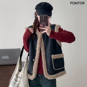 POMTOR 여성 가을 무스탕 베스트 포근한 양털 더블 버튼 오버핏 캐주얼 레이어드 조끼