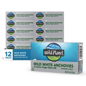 Wild Planet Wild White Anchovies in Exta Vigin O Wild Planet 와일드 화이트 앤초비 엑스트라 버진 올리브 오일 통조림 생선 4, 12개, 124g