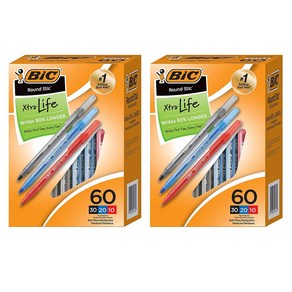 BIC 빅 라운드 스틱 엑스트라 3색 볼펜 60개입 2팩 Round Stic Ballpoint Pen Assoted Colos