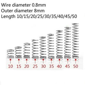 압축 용수철 0.8mm 304 A2 스테인레스 스틸 소형 마이크로 와이어 직경 외경 8mm 길이 10-50mm 로트당 10 개, [01] 25mm