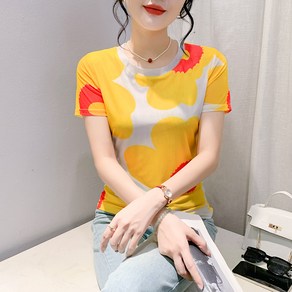 라운드 시스루 망사 티 여 프린트 스판 댄스복 상의 Women's T-shirt 뉴타임즈 W070Y704