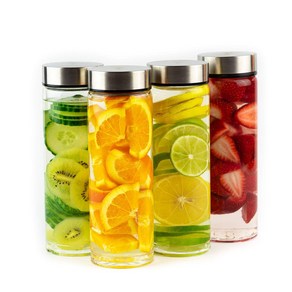 Juice Bottles - 4 Pack Wide Mouth Glass Bottles wi 주스 병 - 뚜껑이 있는 넓은 입 유리병 4팩 - 주스용 스무디 주입수 음료 저장용, 4개