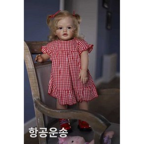 실제 모습 인형 리본돌 70cm 아동복 모델 6개월 여아, 레드체크 원피스, 1개